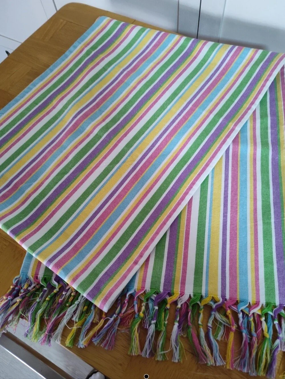 Pier 1 Pastel Striped Table Runner 14x72 Cotton Boho Multicolor Tassels Fringe
